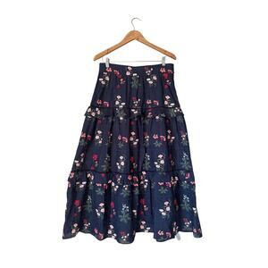 Pearl by Lela Rose Floral Embroidered Tiered Maxi Skirt Navy 10